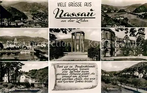 AK / Ansichtskarte Nassau Lahn Almblick Total Burgberg Lahnanlagen Denkmal Freiherr vom Stein Schloss Schulmuehle Kaltbachtal Kat. Nassau