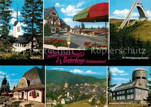 AK / Ansichtskarte Winterberg Hochsauerland Sankt Georgsprungschanze Bobhaus Astenturm Evangelische Kirche in der Pforte Kat. Winterberg