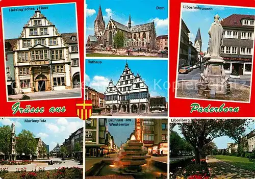 AK / Ansichtskarte Paderborn Heising sches Haus Dom Liboriusbrunnen Rathaus Marienplatz Brunnen Westerntor Liboriberg Kat. Paderborn