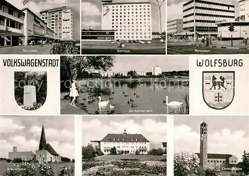 AK / Ansichtskarte Wolfsburg Porschestr Rathaus Schillerteich Kreuzkirche Robert Koch Platz Christuskirche Kat. Wolfsburg