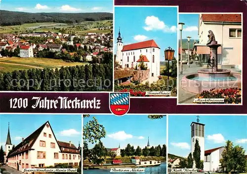 AK / Ansichtskarte Neckarelz Marktbrunnen Tempelhaus Katholische Kirche Partie an dem Neckar Kat. Mosbach