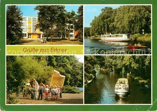 AK / Ansichtskarte Erkner Oberschule Schiffsanlegestelle Daemeritzsee Rathauspark Loecknitzkanal Bootfahren Kat. Erkner