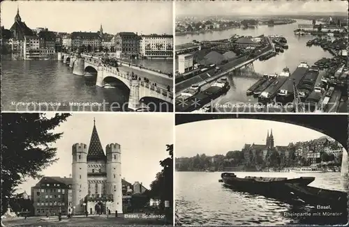 AK / Ansichtskarte Basel BS Mittlere Rheinbruecke und Martinskirche Spalentor Kleinhueninger Rheinhafen Rheinpartie mit Muenster Kat. Basel