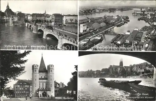 AK / Ansichtskarte Basel BS Mittlere Rheinbruecke und Martinskirche Kleinhueninger Rheinhafen Spalentor Rheinpartie mit Muenster Kat. Basel