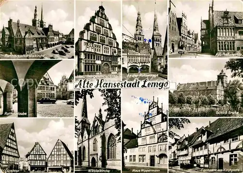 AK / Ansichtskarte Lemgo Rathaus Nikolaikirche Hexenbuergermeisterhaus Ratswaage Apothekenerker Rathauslaube Schloss Brake Ostertor Haus Wippermann Fachwerkhaeuser Kirchplatz Kat. Lemgo