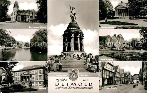 AK / Ansichtskarte Detmold Residenz Schloss Hermanns Denkmal Landestheater Rathaus Externsteine Krumme Strasse Kat. Detmold