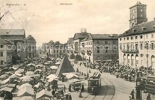 AK / Ansichtskarte Strassenbahn Karlsruhe Marktplatz Bahnpoststempel Frankfurt Karlsruhe Basel  Kat. Strassenbahn