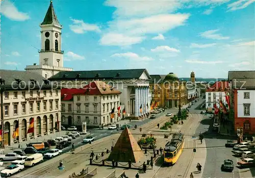 AK / Ansichtskarte Strassenbahn Karlsruhe Marktplatz Stadtkirche  Kat. Strassenbahn