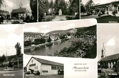 AK / Ansichtskarte Hassmersheim Schulhaus Denkmal Anlage Katholische Kirche Schiffermast Sporthalle Kat. Hassmersheim