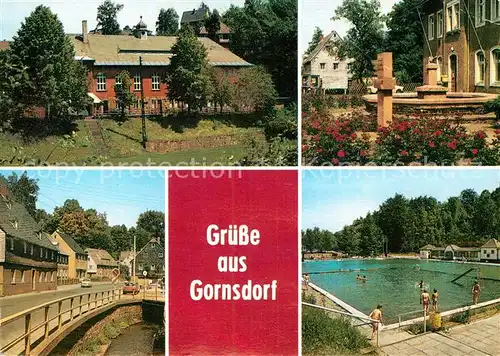 AK / Ansichtskarte Gornsdorf Kulturhaus Freundschaft Rathau Brunnen Karl Marx Gedenkstaetten Naturbad Kat. Gornsdorf