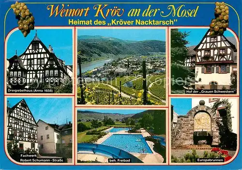 AK / Ansichtskarte Kroev Mosel Dreigiebelhaus Panorama Hof der Grauen Schwestern Fachwerkhaus Freibad Europabrunnen Kat. Kroev