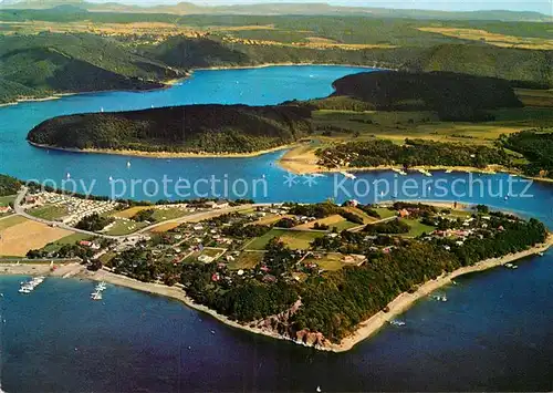 AK / Ansichtskarte Waldeck Edersee Halbinsel Scheid Rehbach mit Schloss Fliegeraufnahme