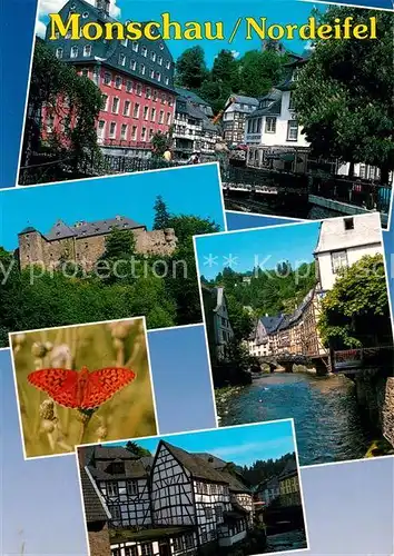 AK / Ansichtskarte Monschau Teilansichten Rotes Haus Fachwerkhaeuser Partie an der Rur Burg Schmetterling Kat. Monschau