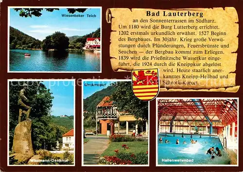 AK / Ansichtskarte Bad Lauterberg Wiesenbeker Teich Wissmann Denkmal Statue Glockenspiel Hallenwellenbad Chronik Kat. Bad Lauterberg im Harz