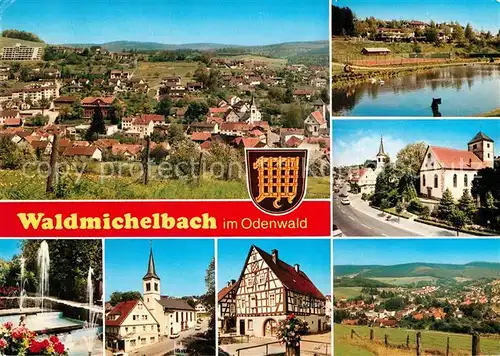 AK / Ansichtskarte Waldmichelbach Panorama Teilansichten Kirche Fachwerkhaus Partie am Fluss Kat. Wald Michelbach