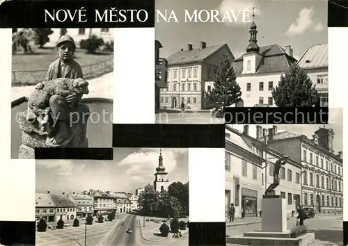 AK / Ansichtskarte Nove Mesto na Morave Skulptur Statue Denkmal Ortsmotiv mit Kirche Kat. Neustadt Maehren