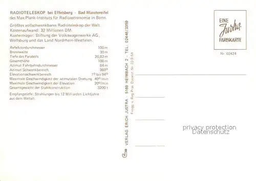 AK / Ansichtskarte Astronomie Radioteleskop Effelsberg Bad Muenstereifel  Kat. Wissenschaft Science