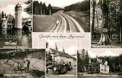 AK / Ansichtskarte Spessart Region Maerchenschloss Mespelbrunn Autobahn Kirche Hessenthal Jagdschloss Kat. Lohr a.Main