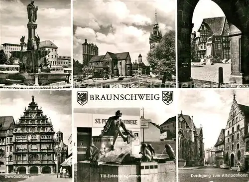 AK / Ansichtskarte Braunschweig Standbild Heinrich des Loewens Gewandhaus St Blasius Dom Till Eulenspiegel Brunnen Loewe Burgplatz Altstadtmarkt Kat. Braunschweig