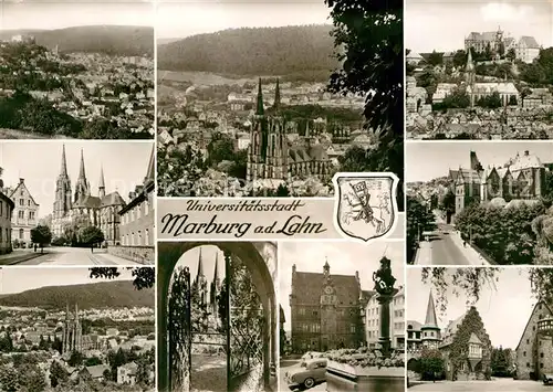 AK / Ansichtskarte Marburg Lahn Stadtpanorama Universitaetsstadt Schloss Kirche Marktplatz Brunnen Bromsilber Kat. Marburg