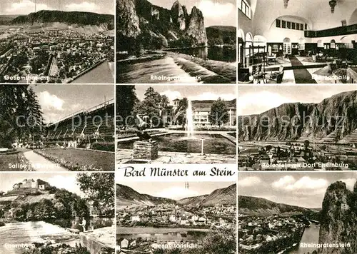 AK / Ansichtskarte Bad Muenster Stein Ebernburg Gesamtansicht Rheingrafenstein Felsen Saline Rotenfels Dorf Ebernburg Halle Springbrunnen Kupfertiefdruck Kat. Bad Muenster am Stein Ebernburg