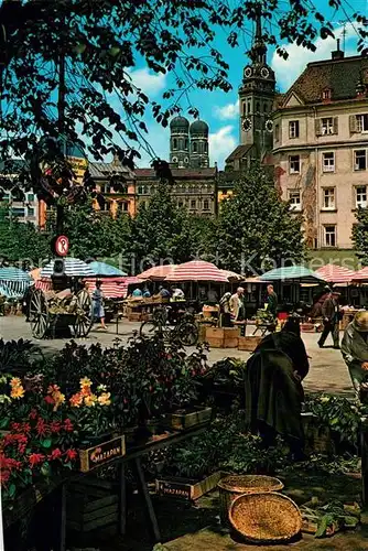 AK / Ansichtskarte Muenchen Viktualienmarkt mit den Tuermen der Stadt im Hintergrund Frauenkirche Kat. Muenchen