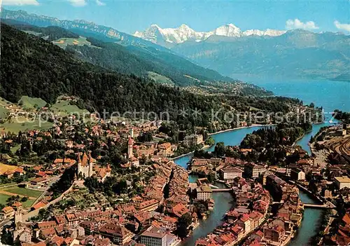 AK / Ansichtskarte Thun BE Fliegeraufnahme mit Eiger Moench Jungfrau Kat. Thun