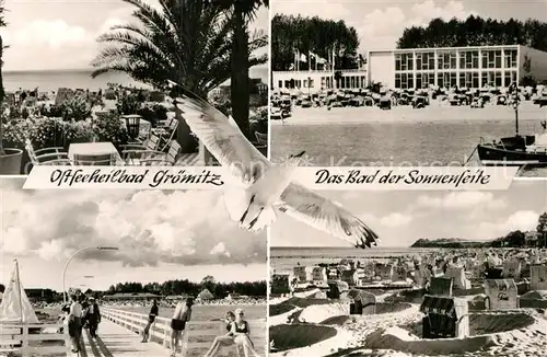 AK / Ansichtskarte Groemitz Ostseebad Strandrestaurant Terrasse Strand Moewe Seebruecke Kat. Groemitz