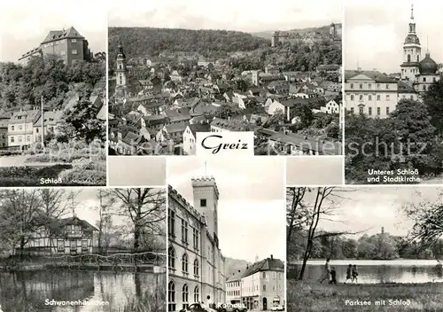 AK / Ansichtskarte Greiz Thueringen Schloss Stadtpanorama Kirche Parksee Rathaus Schwanenhaeuschen Kat. Greiz