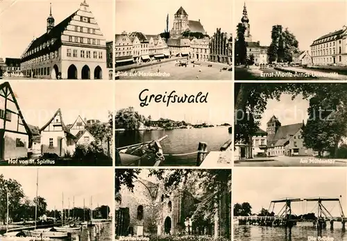 AK / Ansichtskarte Greifswald Rathaus Platz Kirche Universitaet Hafen Klosterruine Bruecke