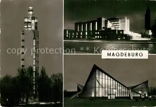 AK / Ansichtskarte Magdeburg Aussichtsturm Stadthalle Ausstellungszentrum Kulturpark Rotehorn Nachtaufnahmen Kat. Magdeburg