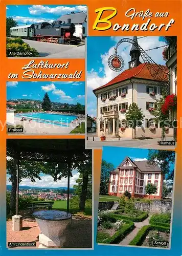 AK / Ansichtskarte Bonndorf Schwarzwald Alte Dampflok Freibad Lindenbuck Rathaus Schloss Kat. Bonndorf