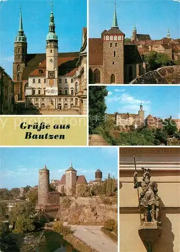 AK / Ansichtskarte Bautzen Rathaus Petridom Michaeliskirche Alte Wasserkunst Roehrscheidtbastei Ritter Dutschmann Figur Hauptmarktbrunnen Kat. Bautzen