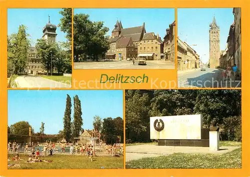 AK / Ansichtskarte Delitzsch Schloss Marktplatz Breite Strasse Freibad Wilhelm Pieck Gedenktafel Kat. Delitzsch