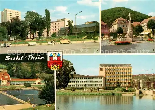 AK / Ansichtskarte Suhl Thueringer Wald Hochhaus Hotel Thueringen Tourist Waffenschmied Wahrzeichen Freibad Haus der Gewerkschaften Kat. Suhl