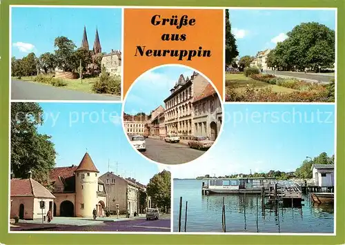 AK / Ansichtskarte Neuruppin Klosterkirche Karl Marx Strasse Bahnhof Rheinsberger Tor Rathaus Bootsverleih Schiffsanlegestelle Ruppiner See Kat. Neuruppin