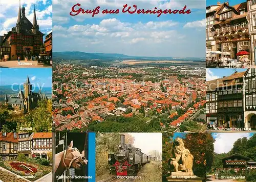 AK / Ansichtskarte Wernigerode Harz Fliegeraufnahme Rathaus Blumenuhr Brockenbahn Christianental Krummersches Haus Kat. Wernigerode