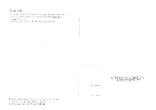 AK / Ansichtskarte Berlin Baustein fuer Kloster und Int. Studentenheim der aus Schlesien vertriebenen Franziskaner in Westberlin Illustration Kat. Berlin