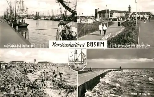 AK / Ansichtskarte Buesum Nordseebad Fischerboote im Hafen Promenade Liegehalle Mole im Sturm Strandleben Wappen Kat. Buesum