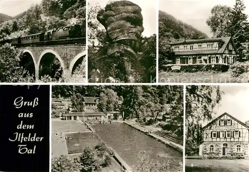 AK / Ansichtskarte Ilfeld Suedharz Harzquerbahn Gaenseschnabel Gaststaette zur Talbrauerei Schwimmbad Waldhotel Gaenseschnabel Kat. Ilfeld Suedharz