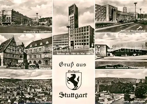 AK / Ansichtskarte Stuttgart Hindenburgbau Zeppelinbau Schillerplatz Denkmal Geroksruhe Hauptbahnhof Konzerthalle Liederhalle Schlossplatz Wappen Kat. Stuttgart