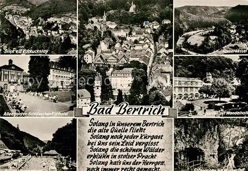 AK / Ansichtskarte Bad Bertrich Blick von Kuckuckslay Alleegarten Schloesschen Kurhotel Waldschwimmbad Roemerkessel Kurgarten Wandelhalle Elfengrotte Wasserfall Kat. Bad Bertrich