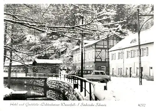 AK / Ansichtskarte Lichtenhain Sebnitz Hotel Gaststaette Lichtenhainer Wasserfall im Winter Kat. Sebnitz