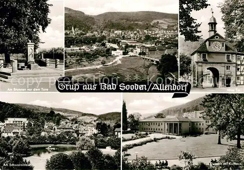 AK / Ansichtskarte Bad Sooden Allendorf Brunnen vor dem Tore Panorama Altes Tor Kurpark Kurhaus Schwanenteich Kat. Bad Sooden Allendorf