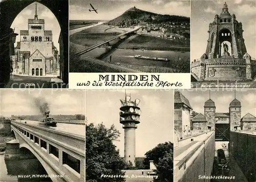 AK / Ansichtskarte Minden Westfalen Dom Kaiser Wilhelm Denkmal Weser Mittellandkanal Fernsehturm Schachtschleuse Kat. Minden