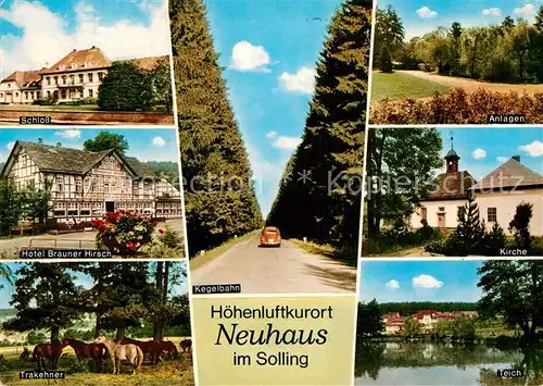 AK / Ansichtskarte Neuhaus Solling Schloss Hotel Trakehner Pferde Kegelbahn Anlagen Kirche Teich Kat. Holzminden