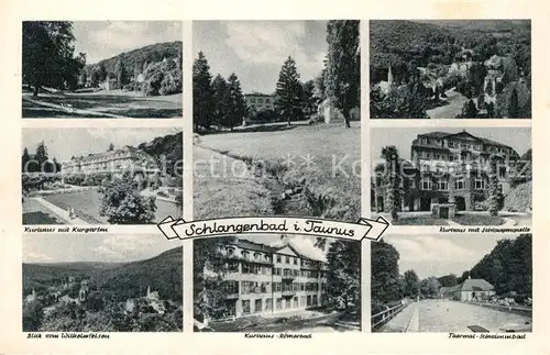 AK / Ansichtskarte Schlangenbad Taunus Kurhaus Kurgarten Thermalschwimmbad Wilhelmfelsen Kat. Schlangenbad