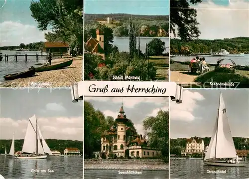 AK / Ansichtskarte Herrsching Ammersee Strand Schloss Muehlfeld Seepromenade Cafe am See Seeschloesschen Strandhotel Kat. Herrsching a.Ammersee