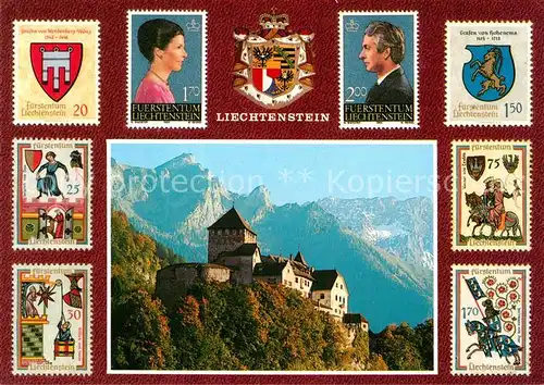AK / Ansichtskarte Liechtenstein  Schloss Vaduz Staatswappen Briefmarken Motive Kat. Liechtenstein
