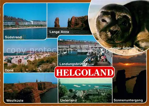 AK / Ansichtskarte Helgoland Suedstrand Duene Westkueste Lange Anna Felsen Landungsbruecke Unterland Sonnenuntergang Seehund Nordseeinsel Kat. Helgoland